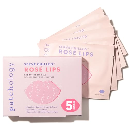 Patchology Rosé Gel Lip Mask - Overnight Lip Sleeping Mask with Resveratrol & Hyaluronic Acid for Moisturizing & Hydrating Dry Lips - Strawberry Scented Lip Care Solution (5 Count)