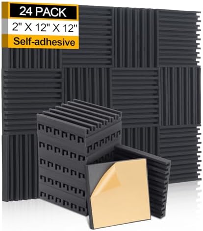 HERTBER-24 Pack Sound Proof Foam Panels for Walls Self-adhesive Grooved Black Acoustic Panels 12x12x2 Inches Soundproof Wall Panels High Density Acoustic Foam for Echoes Absorption and Noise Reduction