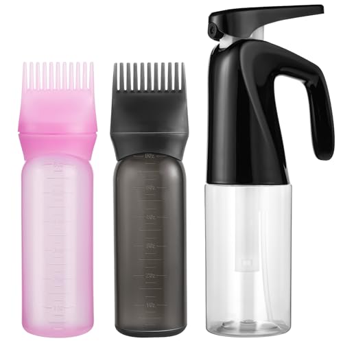 Pimoys 3 PCS Root Comb Applicator Bottle and Continuous Hair Spray Bottle, Hair Oil Applicator Hair Water Mister Oiling Applicator for Dye Hairstyling