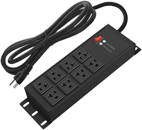 CCCEI Black Heavy Duty Power Strip Surge Protector 20 AMP, 8 Outlets 12 Gauge Industrial Shop Garage Metal Multiple Outlets, 10 FT Extension Cord 5-15P Adapter High Amp 6-20R T-Slot 20a for Appliance