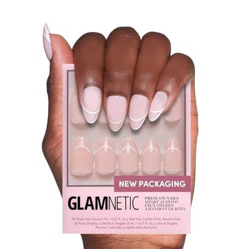Glamnetic Press On Nails - Heavenly | Semi-Transparent Neutral Nude Trendy French Tip Short Almond Fake Nails, Reusable | 15 Sizes - 30 Nail Kit