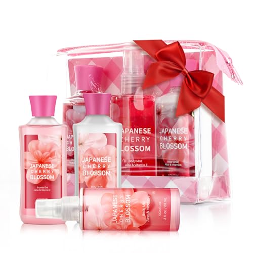 Bath and Body Gift Set for Women and Girls, Japanese Cherry Blossom Spa Set With Natural Extracts, 3PCS Set - Shower Gel, Body Lotion, Body Mist, Personal Self Care Kit, Body Care Travel Set
