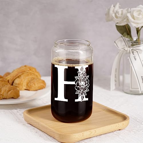 Coolife Initial Glass Cup, Monogrammed Gifts for Women, 16 oz Glass Cups w/Lids Straws, Iced Coffee, Smoothie, Beer Glass Tumbler w/Straw Lid - Personalized Christmas, Birthday Gifts for Her Mom