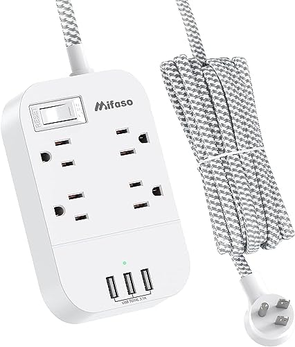 Power Strip Long Extension Cord - 10Ft Braided Extension Cord with Flat Plug, 4 Outlets and 3 USB Charging Ports, Overload Protection and Wall Mount for Home, Office