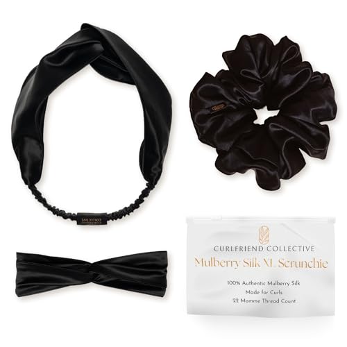 Real Mulberry Silk Scrunchie & Headband Bundle | Extra Large Silk Scrunchie & Elastic Silky Head Band for Thick, Curly Hair | (Onyx Black)