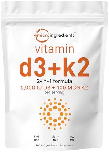 Micro Ingredients Vitamin D3 5000 IU with K2 100 mcg, 300 Soft-Gels | K2 MK-7 with D3 Vitamin Supplement, 2 in 1 Support Immune, Heart, Joint, Teeth & Bone Health - Easy to Swallow