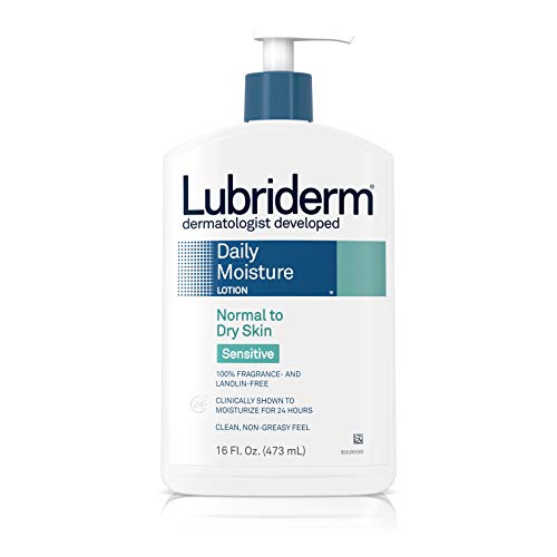 Lubriderm Daily Moisture Body Lotion for Sensitive, Dry Skin, Enriched with Vitamin B5, Dye and Lanolin Free, Unscented and Non-Greasy, 16 fl. oz