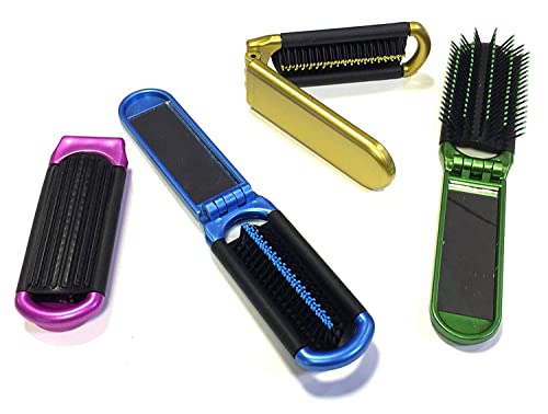 4 Assorted Colors ALAZCO Folding Hair Brush With Mirror Compact Pocket Size Travel Car Gym Bag Purse Locker Swimming Camping Sleepover Gift and more