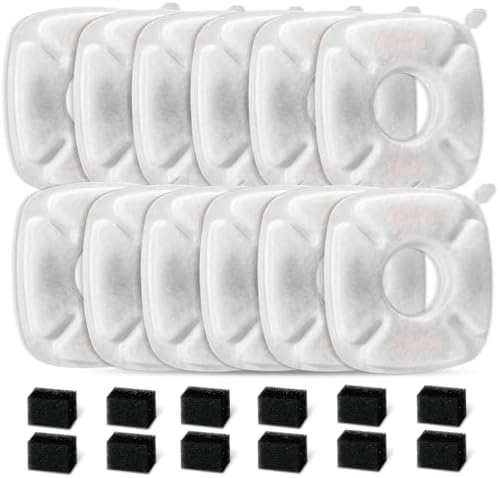 24 Pcs Cat Fountain Replacement Filters：12 Pack Replacement Filters with 12 Pack Pre-Filter Sponges, Pet Fountain Filter Fit for 95oz/2.8L Automatic Pet Fountain Cat Water Fountain