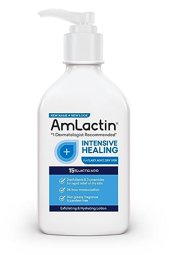 AmLactin Intensive Healing Body Lotion for Dry Skin, 7.9 oz Pump Bottle, 2-in-1 Exfoliator and Moisturizer with Ceramides and 15% Lactic Acid for 24-Hour Relief from Dry Skin (Packaging May Vary)