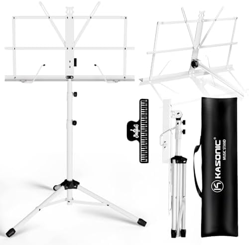 K KASONIC - Music Stand, 2 in 1 Dual-Use Folding Sheet Music & Desktop Book Stand, Portable, Lightweight with Music Sheet Clip Holder & Carrying Bag Suitable for Instrumental Performance, White