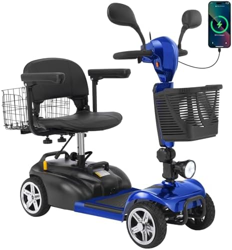 15-45 Miles Ecomobi MS02 4 Wheels Mobility Scooter for Adults/Seniors, 350W Powered Electric Wheelchair Device w/15Ah-25Ah Extended Battery, Dual Baskets/Rotating Seat, Compact Duty Mobile for Elderly