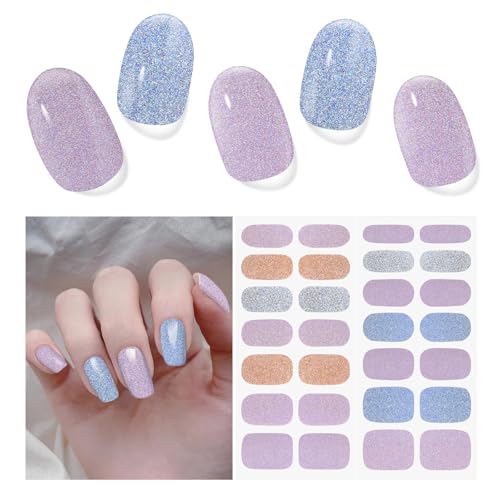 Semi Cured Gel Nail Strips - 28 pcs UV Gel Nail Stickers for Women, Work with Any UV Lamp, Long Lasting Gel Nail Wraps, Includes Prep Pads, Nail File & Wood Stick (Orchid Purple)