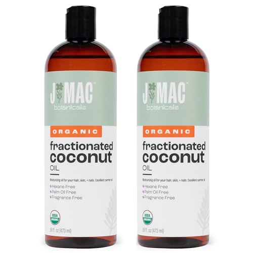 J Mac Botanicals, Organic Fractionated Coconut Oil (32 oz - 2 Pack 16 Ounce Bottles) Carrier Oil for diluting Essential Oils, Hair and Skin Conditioner, Massage