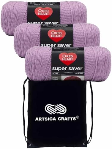 Red Heart Super Saver Orchid E300-530 (3-Skeins - Same Dye Lot) Worsted Medium #4 Acrylic Yarn for Crocheting and Knitting with Project Bag