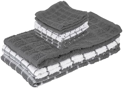 Ritz Premium 3-Pack Kitchen Towel & 6-Pack Dish Cloth Set, Highly Absorbent, Super Soft, Long-Lasting, 100% Cotton Terry Drying Kitchen Cleaning Cloths, Grey
