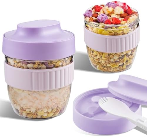 Overnight Oats Containers with Lids and Spoons, 16 oz Reusable Meal Prep jar, Leak Proof, BPA Free, On the Go Cups for Oatmeal, Yogurt, Cereal, Salad, Snacks, Milk (1 Pack, Purple)