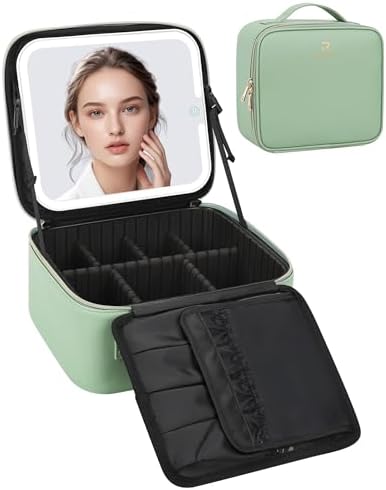 Relavel Makeup Bag with Light Up Mirror, Makeup Case Travel Cosmetic Bags Brush Organizer Storage Box, Rechargeable Vanity Mirror with 3 Color Lights, High Frame Mirror Protection (Green)