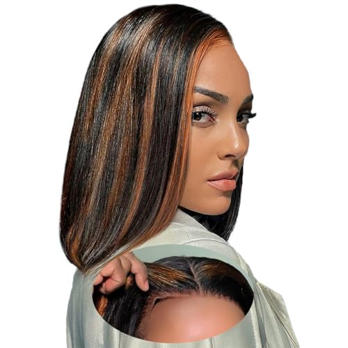 Wear and Go Glueless Bob Wig Human Hair Pre Cut 8 Inch Short Balayage Highlight 7x5 HD Lace Front Wig Pre Plucked Bleached Knots 1b30 Black and Blonde Ombre Closure Wig 180 Density for Women