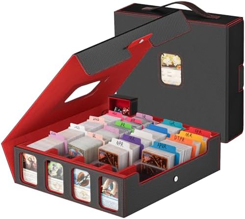 Card Storage Box 3200+ MTG Deck Box with 30 Colorful Divider, Commander Trading Card Cases with Portable Handle & Viewing Windows Fits for YuGiOh, TCG, & Magic Cards (Black & Red)