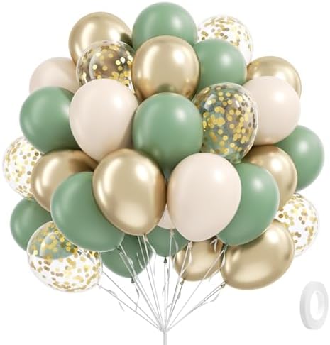 Sage green Balloons, 60pcs 12inch Sage green Sand White Metallic Gold Confetti Balloons for Boho Birthday Wedding Bridal Baby Shower Engagement Party Decorations