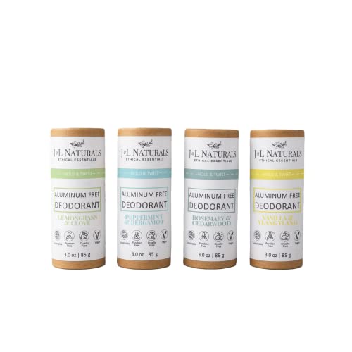J&L Naturals Aluminum Free Deodorant for Men & Women | 100% Natural Ingredients With Coconut Oil, Shea Butter, & Essential Oils | Sustainable, Eco-Friendly (Woody & Spicy, 3.0 Oz (Pack of 4))