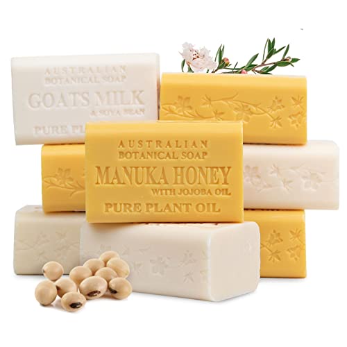 Australian Botanical Soap, Classic Goats Milk and Manuka Honey 6.6 oz. (187 g) Soap Bars | All Skin Types | Women & Men | Shea Butter Enriched Bar Soap | 4 Bars of Each - Pack of 8