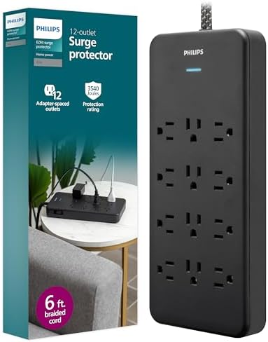 Philips 12-Outlet Surge Protector Power Strip, 6ft Braided Extension Cord, 3500 Joules, Multi Plug Outlet Extender, Adapter-Spaced, Black, SPP3813B/37