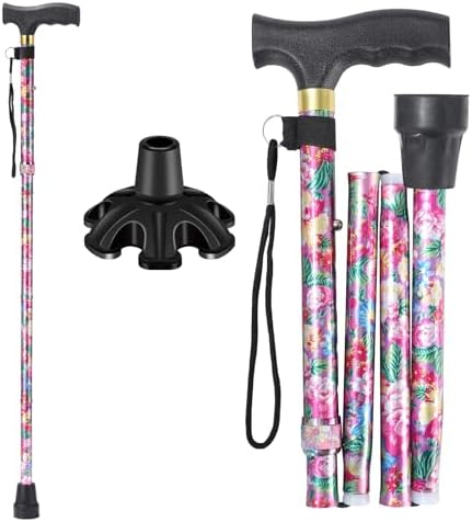Walking Cane ATMTV Cane for Woman | Mobility & Daily Living Aids | 5-Level Height Adjustable Walking Stick | Comfortable Plastic T-Handle Portable Folding Cane with Replace Tip Purple Flower