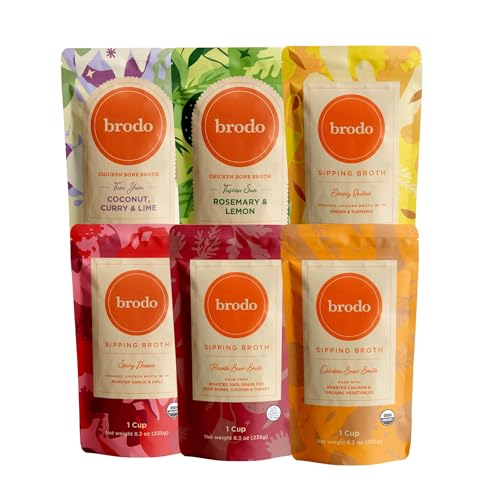 Brodo Broth Variety Pack | 1 Chicken, 1 Hearth, 1 Deeply Rooted, 1 Spicy Nonna, 1 Tom Yum, 1 Tuscan Sun Single Serving Pouches | Not Made From Concentrate, No Preservatives (6x 8.3 oz Pouches)