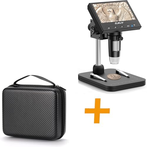 Elikliv Coin Microscope, 4.3'' LCD Digital Microscope 1000x, Coin Magnifier with 8 Adjustable LED Lights, PC View Compatible with Windows/Mac, EDM4B, Black+ Elikliv Microscope Case for 4.3'' Microscop