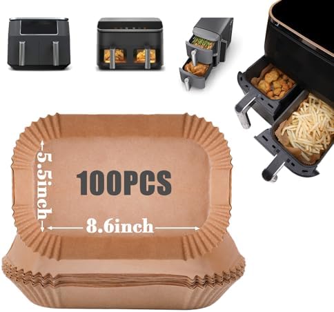 GOAUS Air Fryer 100 Pcs Rectangular Paper Liners Disposable for Dual Air Fryer 2 Baskets 8 to 10 Qt, 8.6x5.5 inches Parchment Paper Rectangle, Fit Ninja DZ201 DZ401 SL401