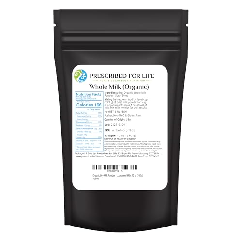 Prescribed For Life Organic Dry Milk Powder, USDA Grade A Whole Milk rBST & rBGH Free, Non GMO, Kosher, Shelf Stable Whole Milk Powder (12oz / 340g)
