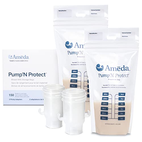 Ameda Pump'N Protect Breastmilk Storage Bag 6oz | 150 Count + 2 Bag Adapters | Breast Milk Storage Bags for Refrigerator or Freezer | BPA Free | Breastfeeding Essentials | Breastfeeding Supplies