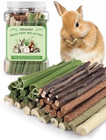 Bissap 54 PCS Rabbit Chew Sticks, Mix Natural Sweet Bamboo Timothy Hay Oat Carrot Chew Stick Apple Branch Bunny Chews for Rabbit Hamster Chinchilla Guinea Pig Small Pet Molar Treats