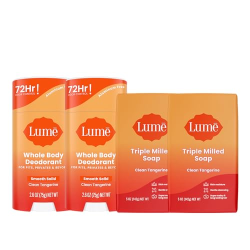 Lume Whole Body Deodorant And Soap - 2.6 Ounce Solid Stick With 72 Hour Odor Control (Pack of 2) and 5 Ounce Triple Milled Soap (Pack of 2) - Aluminum and Baking Soda Free (Clean Tangerine)