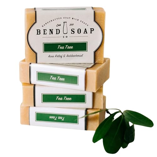 Bend Soap Company Tea Tree Goat Milk Soap - All Natural, Paraben and GMO Free - Handmade in USA - Soothe Cracked Skin, Relax and Exfoliate - Overall Dry Skin Relief (Tea Tree, 4 Pack of 4.5oz)