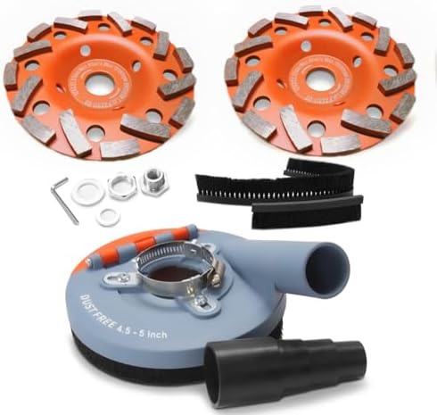 Dust Shroud for Angle Grinder 4.5-5 inch + 2 PCS Diamond Grinding Cup Wheel 5 inch + Replacement Brush, Universal Surface Grinding Shroud with Grinding Wheel Kit for Various Surfaces