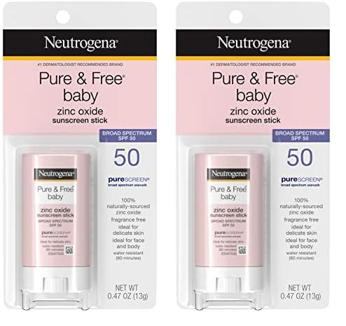 Neutrogena Pure & Free Baby Mineral Sunscreen Stick with Broad Spectrum SPF 50 & Zinc Oxide, Water-Resistant, Hypoallergenic, Paraben-, Dye- & PABA-Free Baby Face & Body Sunscreen, 0.47 oz (Pack of 2)