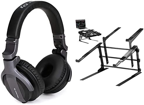 Pioneer DJ CUE1 On-Ear DJ Headphone - Black & Pyle Portable Dual Laptop Stand - Standing Table with Adjustable Height, Ergonomic Design & Anti-Slip Prongs for DJ Mixer, Sound Equipment, Black