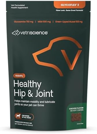 VetriScience GlycoFlex Healthy Hip & Joint Glucosamine Supplements for Dogs, with MSM & Green-Lipped Mussel, Soft Chews, Chicken, 120 Count - New Look