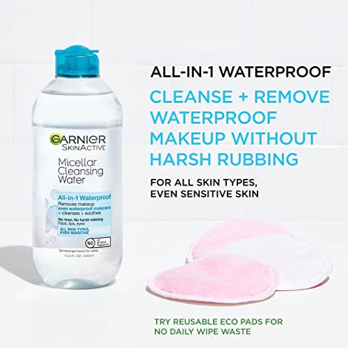 Garnier Micellar Water For Waterproof Makeup, Facial Cleanser & Makeup Remover, 13.5 Fl Oz (400mL), 2 Count (Packaging May Vary)