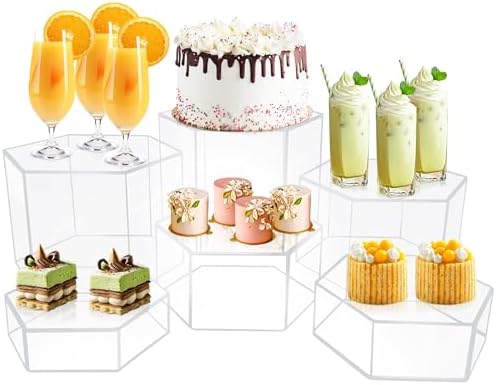6 Pcs Buffet Risers, Dessert Stands, Acrylic Boxes for Display, Hexagonal Jewelry Showcase, Riser Display Cases Acrylic Display Base, Clear