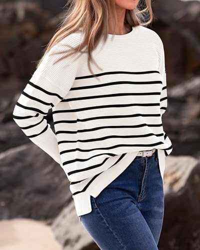 BTFBM Women Winter Sweater Oversized Sweater Long Sleeve Pullover Tops Loose Fit Christmas Sweater(Striped White Black,Large)