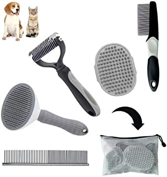 5PCS Grooming Kit for Dog,Puppy- Deshedding & Slicker Brush for Short-Haired Pets, Flea Comb and Grooming Comb Set Grey