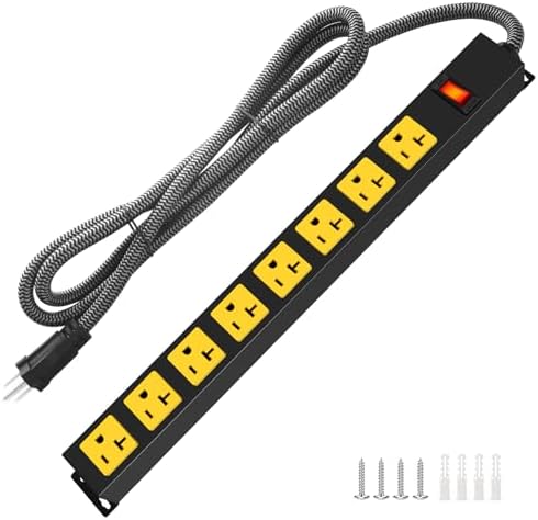 20Amp Power Strip Surge Protector, Durable Metal 8-Outlets with Heavy Duty 20 amp 6Ft 12 Gauge Extension Cord for Garage Workshop & Industrial Use, 1200J