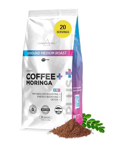 Livingood Daily Medium Roast Blend Coffee with Moringa, Ground Coffee - Low Acid, Shade Grown & Made with Organic Coffee - Detox & Energy Boosting - 12 Oz