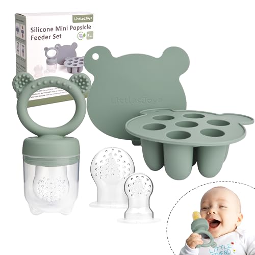 Silicone Baby Fruit Feeder & Freezer Tray Set, Baby Breast Milk Popsicle Mold for purees,Baby Food Feeder,BPA Free for 3 Month+, Additional Silicone Pouches (Sage)