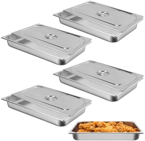 Hotel Pan, Full Size Steam Table Pan 2.5" Deep Stainless Steam Table Pan with Lid Full Size Food Pan 20.8" L x 13" W Anti Jam Stainless Steel Buffet Pan Commercial Stainless Steel Pan (4 Pack)