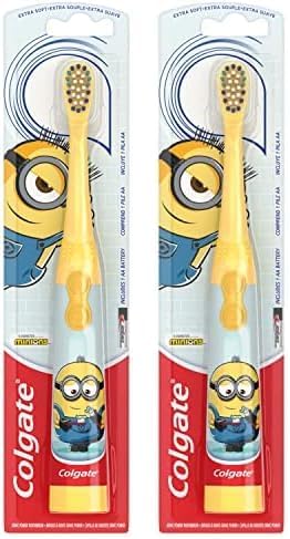 Colgate Kids Battery Powered Toothbrush, Kids Battery Toothbrush with Included AA Battery, Extra Soft Bristles, Flat-Laying Handle to Prevent Rolling, Minion Toothbrush, 2 Pack
